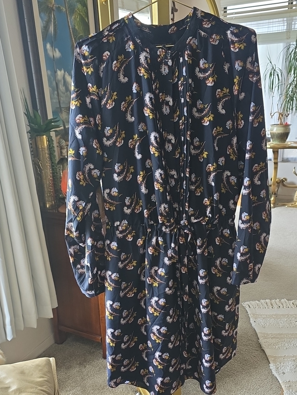 Banana Republic Navy Floral Button-Front Shirt Dress Pockets Tie Waist Large